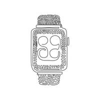 Continuous one line drawing Smart watch device display with app icons. Smart watch wearable technology. Modern device technology. Swirl curl style. Single line draw design vector graphic illustration