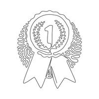 Single one line drawing gold medal, winner award. Circle awards with ribbons and numbers one icon. Swirl curl circle background style. Modern continuous line draw design graphic vector illustration