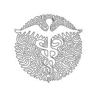 Single one line drawing Caduceus - medical center, pharmacy, hospital with popular symbol of medicine. Medical logo. Swirl curl circle background style. Continuous line draw design graphic vector