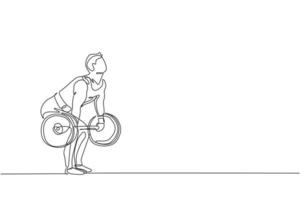 One continuous line drawing of young bodybuilder man doing exercise with a heavy weight bar in gym. Powerlifter train weightlifting concept. Dynamic single line draw design vector illustration graphic