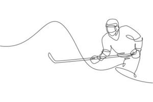 One continuous line drawing of young professional ice hockey player exercising and practicing on ice rink stadium. Healthy extreme sport concept. Dynamic single line draw design vector illustration