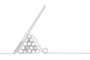 One continuous line drawing of triangle pyramid balls stack for pool billiards game at billiard room. Tournament indoor sport game concept. Dynamic single line draw graphic design vector illustration