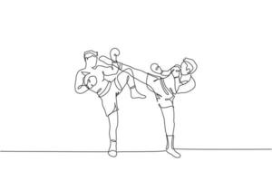 One continuous line drawing of young sporty muay thai boxer man kicking the opponent head in match game at box arena. Fighting sport game concept. Dynamic single line draw design vector illustration