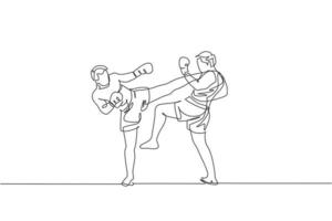 un dibujo de línea continua de dos jóvenes deportistas haciendo ejercicio de atleta kickboxer para pelear en el gimnasio. concepto de deporte de kickboxing combativo. Ilustración de vector de diseño de dibujo de línea única dinámica