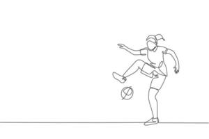 One continuous line drawing of young sporty man soccer freestyler player practice juggling the ball in the street. Football freestyle sport concept. Dynamic single line draw design vector illustration