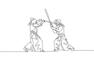 un dibujo de línea continua de dos jóvenes deportistas entrenando habilidades de lucha de kendo con sparring en el centro de dojo. concepto de deporte de arte marcial saludable. Ilustración de vector de diseño de dibujo de línea única dinámica