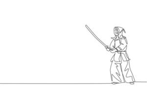 Single continuous line drawing of young sportive man practicing kendo stance pose martial art skill on gym sport center. Fighting sport concept. Trendy one line draw design vector graphic illustration