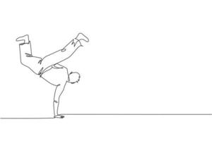 un dibujo de una sola línea de un joven enérgico bailarín de capoeira que realiza un gráfico de ilustración vectorial de lucha de baile. concepto de deporte de estilo de vida de arte marcial tradicional. diseño moderno de dibujo de línea continua vector