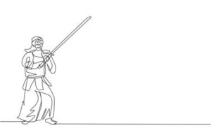 One single line drawing of young energetic man exercise kendo stance with wooden sword at gym center graphic vector illustration. Combative fight sport concept. Modern continuous line draw design