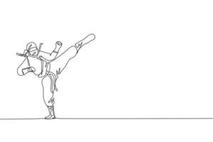dibujo de una sola línea continua del joven guerrero ninja de la cultura japonesa con traje de máscara con pose de patada de ataque. concepto de samurai de lucha de artes marciales. ilustración de vector de diseño de dibujo de una línea de moda