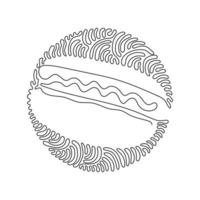 Single one line drawing delicious hot dog. Minimal style. Perfect for cards, posters, stickers. Food concept. Swirl curl circle background style. Continuous line design graphic vector illustration