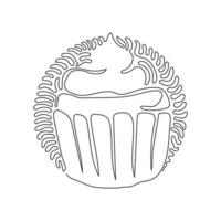 Single one line drawing yummy cupcake. Sweet tasty cake. Delicious dessert for dinner in restaurant. Swirl curl circle background style. Modern continuous line draw design graphic vector illustration