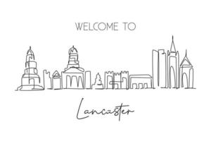 Single one line drawing Lancaster city skyline, England. World historical town landscape. Best holiday destination postcard art. Editable stroke trendy continuous line draw design vector illustration