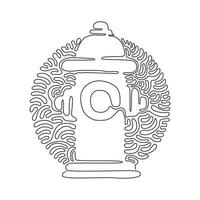 Single continuous line drawing red fire hydrant icon. Tool used by firefighters for extinguishing flames. Swirl curl circle background style. Dynamic one line draw graphic design vector illustration