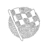 Single continuous line drawing flag icon. Racing sign. Checkered racing flag. Black and white flag. Finish, start mark. Swirl curl circle background style. Dynamic one line draw graphic design vector