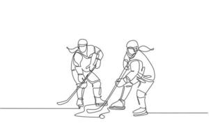 One single line drawing of young two ice hockey player in action to win the puck at competitive game on ice rink stadium vector illustration. Sport tournament concept. Continuous line draw design