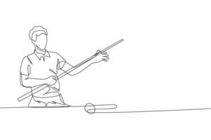 One single line drawing of young handsome man playing pool billiards at billiard room vector illustration graphic. Indoor sport recreational game concept. Modern continuous line draw design