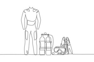 Single continuous line drawing of wetsuit, swimsuit, regulator, oxygen, mask, snorkel, goggle and fins. Underwater sport scuba diving equipment tools concept. One line draw design vector illustration