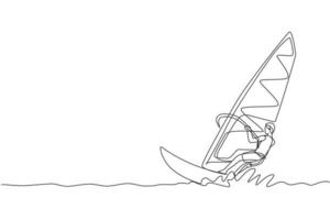 One single line drawing young sporty man play windsurfing in the sea beach graphic vector illustration. Healthy lifestyle and extreme sport concept. Summer vacation. Modern continuous line draw design