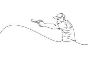 One single line drawing of young man practicing to shot target in range on shooting training ground vector graphic illustration. Clay pigeon shooting sport concept. Modern continuous line draw design