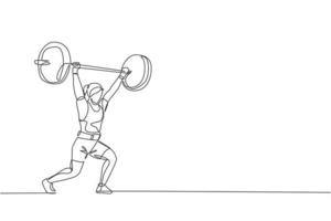 Single continuous line drawing of young strong weightlifter woman preparing for barbell workout in gym. Weight lifting training concept. Trendy one line draw design vector graphic illustration