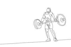 One continuous line drawing of young bodybuilder man doing exercise with a heavy weight bar in gym. Powerlifter train weightlifting concept. Dynamic single line draw design vector graphic illustration