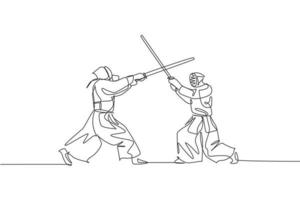 una línea continua dibujando a dos jóvenes que luchan por obtener la habilidad del título de campeonato de kendo en el centro del dojo. concepto de deporte de arte marcial saludable. Ilustración de vector de diseño gráfico de dibujo de línea única dinámica