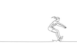 One single line drawing of young energetic woman exercise to land on sand pool after long jump vector illustration. Health athletic sport concept. Competition event. Modern continuous line draw design