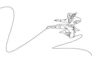 Single continuous line drawing of young Japanese culture ninja warrior with jumping kick attack pose. Martial art fighting samurai concept. Trendy one line draw graphic design vector illustration