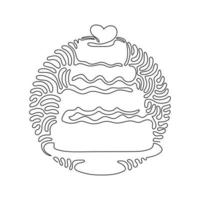 Single continuous line drawing wedding cake with love shape on top. Sweet cake for celebrate marriage party. Swirl curl circle background style. One line draw graphic design vector illustration