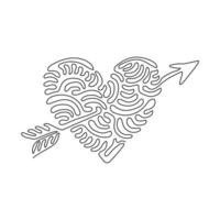 Single one line drawing heart with arrow icon doodle style. Vector illustration. Romantic decoration logo image. Swirl curl style. Modern continuous line draw design graphic vector illustration