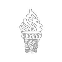 Single one line drawing delicious ice creams in crispy waffles cup. Tasty sweet ice-cream tastes. Cold summer desserts. Swirl curl style. Modern continuous line draw design graphic vector illustration