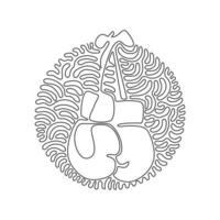 Single continuous line drawing boxing glove hanging on lace. Boxer sportswear for punch workout. Symbol of fight. Swirl curl circle background style. One line draw graphic design vector illustration