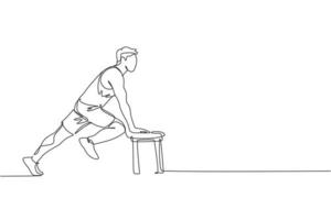 One single line drawing of young energetic man exercise stretching using bench in gym fitness center vector illustration graphic. Healthy lifestyle sport concept. Modern continuous line draw design