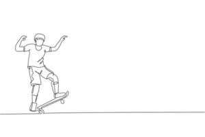 One single line drawing of young skateboarder man exercise riding skateboard in city street vector illustration. Teen lifestyle and extreme outdoor sport concept. Modern continuous line draw design