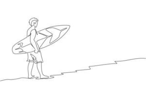 One continuous line drawing of young happy tourist surfer walking on sandy beach and carrying surfboard. Extreme watersport concept. Summer holiday. Dynamic single line draw design vector illustration