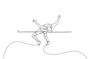 One continuous line drawing of young sporty man practicing pass through the bar in high jump game. Healthy athletic sport concept. Championship event. Single line draw design vector illustration