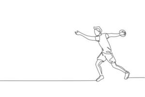 Single continuous line drawing of young sportive man practice to swing discus before throwing it on the court stadium. Athletic games sport concept. Trendy one line draw design vector illustration