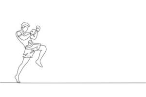 One continuous line drawing of young sporty muay thai boxer man preparing to fight, stance kick at box arena. Fighting sport game concept. Dynamic single line draw design vector graphic illustration