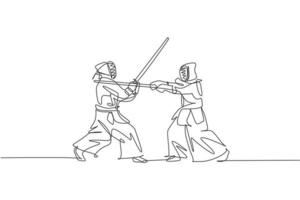 Single continuous line drawing of two young sportive men practicing kendo martial art skill on gym sport center. Sparring fight. Fighting sport concept. Trendy one line draw design vector illustration