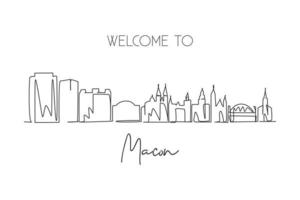 Single one line drawing Macon city skyline, Georgia. World historical town landscape. Best holiday destination postcard. Editable stroke trendy continuous line draw design graphic vector illustration