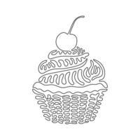 Single continuous line drawing yummy cupcake with cherry. Sweet tasty cake. Delicious dessert for dinner. Snack in birthday. Swirl curl style. Dynamic one line draw graphic design vector illustration