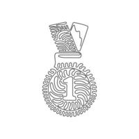 Single one line drawing gold medal for first place. Gold medal on ribbon. Award for victory winning first placement achievement. Swirl curl style. Continuous line design graphic vector illustration