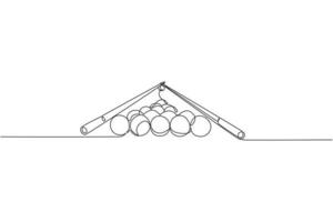 Single continuous line drawing of triangle pyramid balls stack for pool billiards game at billiard room. Indoor sport game concept. Trendy one line draw design vector illustration graphic