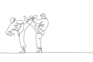 One continuous line drawing of two young talented karateka men train pose for duel fighting at dojo gym center. Mastering martial art sport concept. Dynamic single line draw design vector illustration