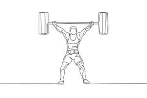 One single line drawing of fit young athlete muscular man lifting barbells working out at a gym vector illustration. Weightlifter preparing for training concept. Modern continuous line draw design