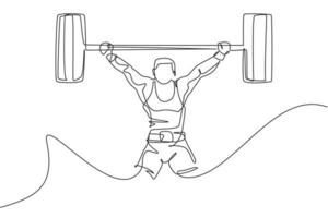 One single line drawing of fit young athlete muscular man lifting barbells working out at a gym vector illustration. Weightlifter preparing for training concept. Modern continuous line draw design