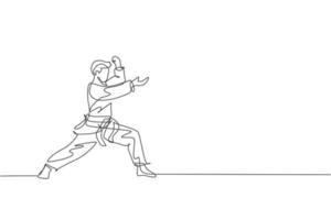 un dibujo de línea continua de un joven karateka talentoso que posa para pelear en duelo en el centro de gimnasia dojo. dominar el concepto de deporte de artes marciales. Ilustración de vector de diseño de dibujo de línea única dinámica