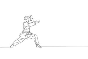 One continuous line drawing of young talented karateka man train pose for duel fighting at dojo gym center. Mastering martial art sport concept. Dynamic single line draw design vector illustration