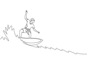 One single line drawing of young sporty surfer man riding on big waves barrel in surfing beach paradise graphic vector illustration. Extreme water sport concept. Modern continuous line draw design